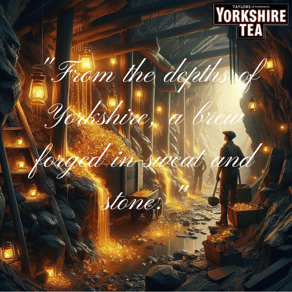 An old advert, circa 1897, miners mining tea crystals, 'From the depths of Yorkshire, a brew forged in sweat and stone.'