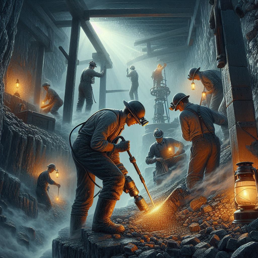 Miners work pulverising low quality crystals ready for enhancement, in the background an engineer prepares the crucible
